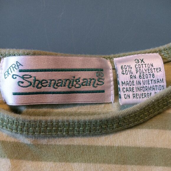 Extra Shenanigans Women's 3X Cotton Blend Floral Embellished Green Stripe Shirt - Picture 3 of 7